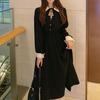 Women's Autumn Forest Retro Stitching Polo Collar Dress - Long Sleeve, Waist Slimming, Mid-Length Skirt