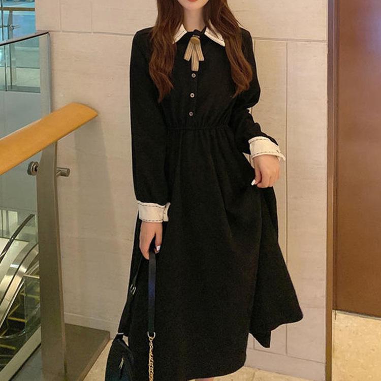 Women's Autumn Forest Retro Stitching Polo Collar Dress - Long Sleeve, Waist Slimming, Mid-Length Skirt