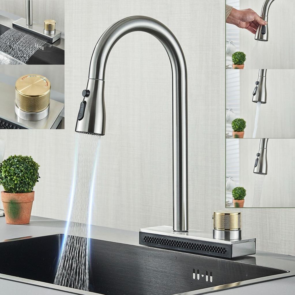 Rostfritt stål Pull Out Vattenfall Köksblandare Köksdiskblandare