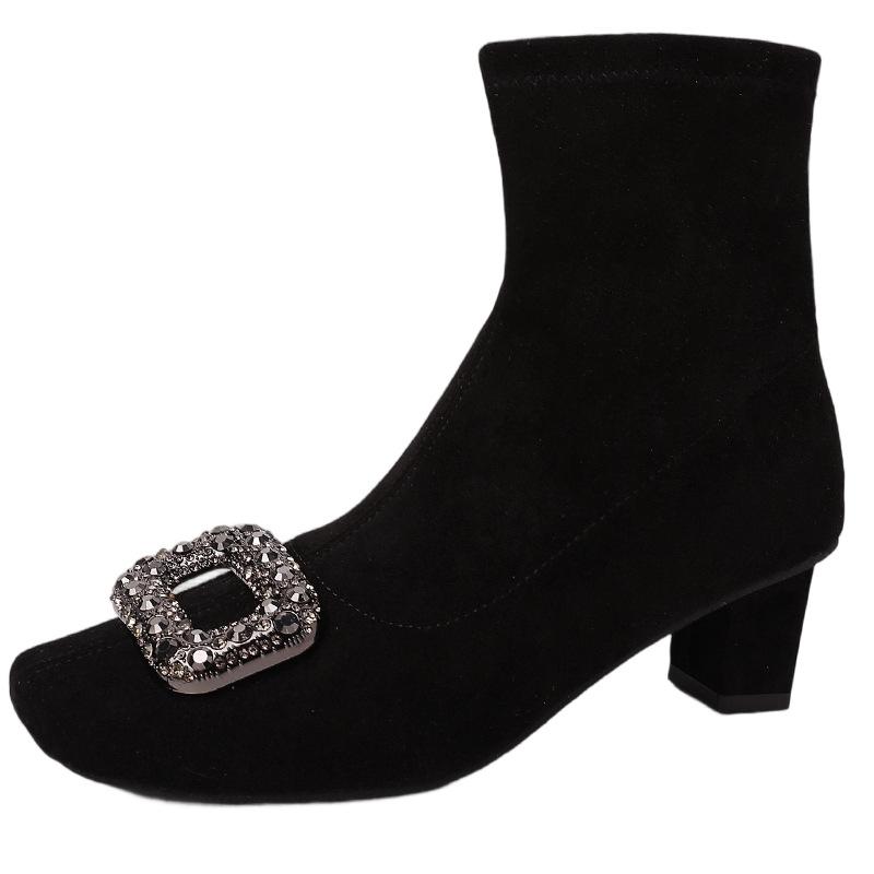 Fashion Retro Versatile Rhinestone Square Buckle Square Head Suede Women's New Autumn and Winter Thick Heel Heightening Medium Boots