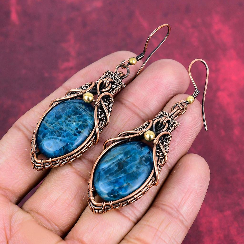 Neon Apatite Earring Copper Wire Wrapped Earring Dangle Earring Wire Wrap Gemstone Jewelry Handmade Earrings Copper Jewelry Gifts For Mother
