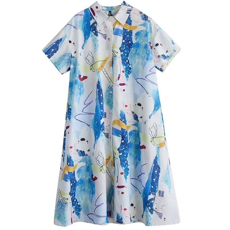 

XITAO Print Single Breasted Turn-down Collar Dress ZMY1135 One Size синий
