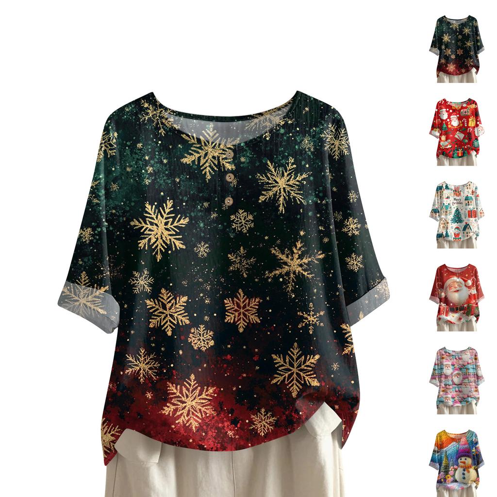 Women's Fashionable And Casual Shirt Half-sleeve Round Neck Print Cotton And Linen Blouse Top