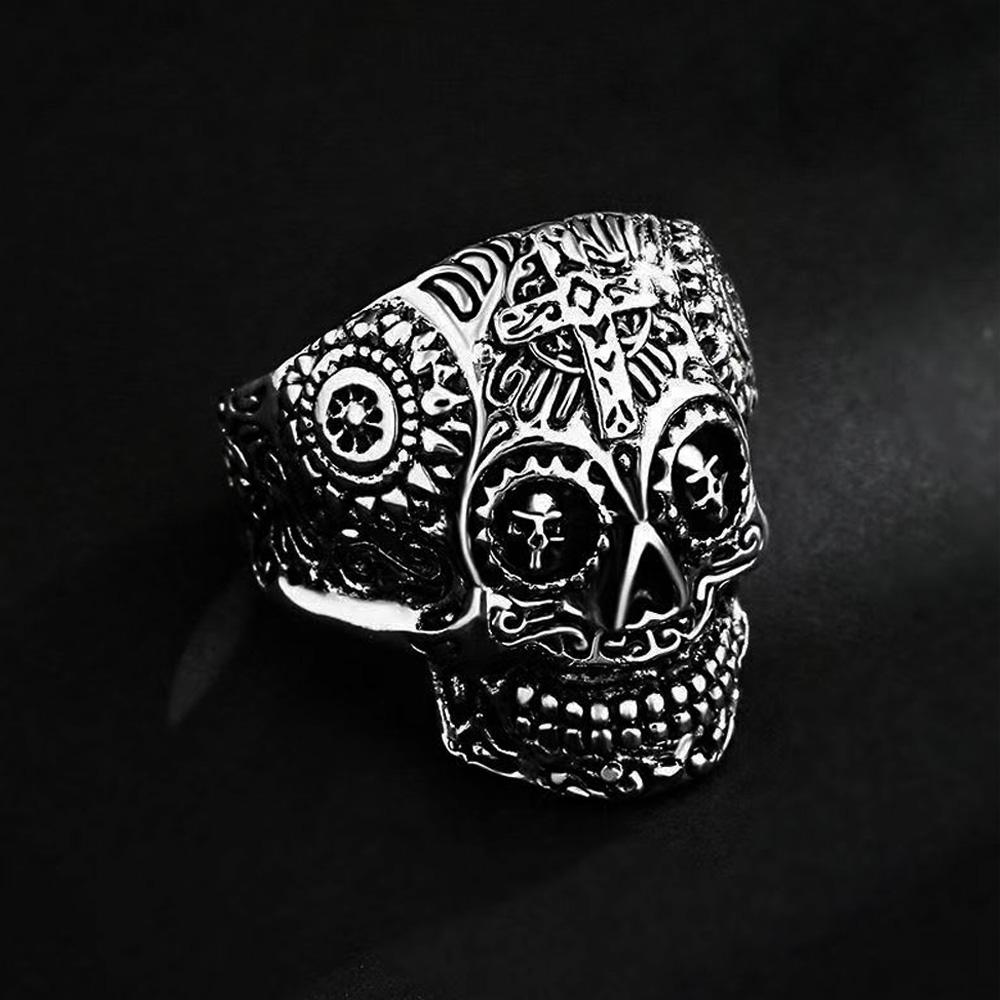 Retro Floral Kreuz Totenkopfring für Herren Steampunk Gothic Verstellbarer Offener Ring Biker Zirkon Streetwear Accessoires Unisex Geschenk