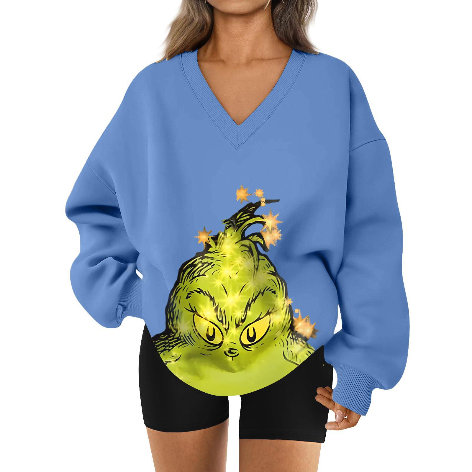 

Женская свободная и удобная спортивная одежда с V-образным вырезом и надписью, толстовка с длинным рукавом, повседневная одежда для сочетания S синий