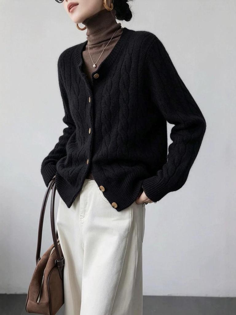Autumn 2026 Women's Round Neck Cable Knit Cardigan - Long Sleeve, Single-Breasted Sweater.