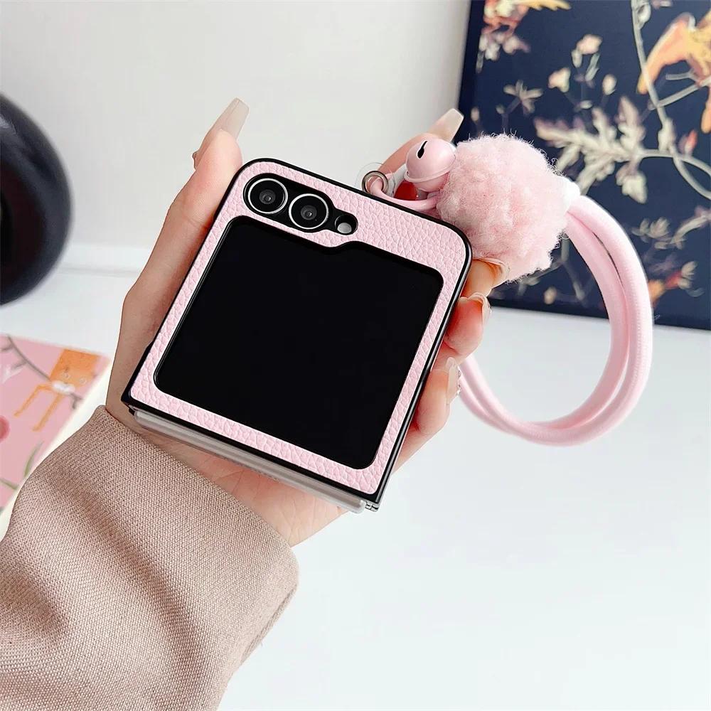 Cartoon Wrist Strap Leather Phone Case for Samsung Galaxy Z Flip 6 5 4 3 Flip6 Flip5 Flip4 Flip3 5G Shockproof Protective Cover