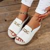 Women's Thick Bottom Platform Sandals - White Slip In, Gold Buckle, Flat Bottom, Open Toe Design, PU Sole, Synthetic Inner and Upper, Casual Shoes