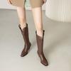 Brown Black Women Knee High Boots High Block Heel Big Size 46