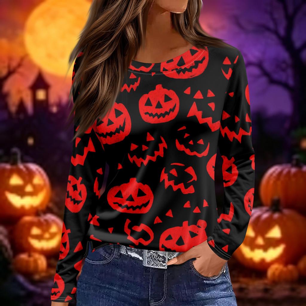 Women's Fashion Long Sleeve Top Crew Neck Halloween Print Split Hem Casual Shirt Lightweight Comfortable Fit