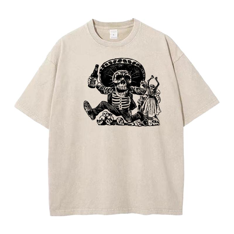 Family Youth Washed T Shirt Funny Skeleton Outdoor Tees Pure Cotton Short Sleeve Printed Washed Tee Shirt O Neck