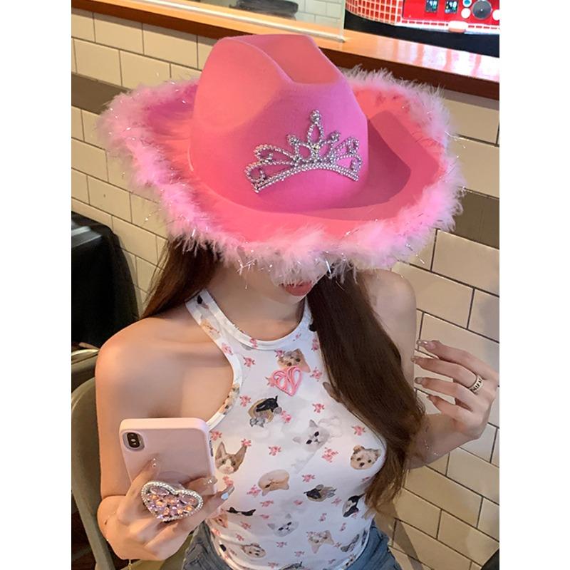 Pink Top Hat Crown Western Cowboy Hat Halloween Feather Edge Carnival Party Hat