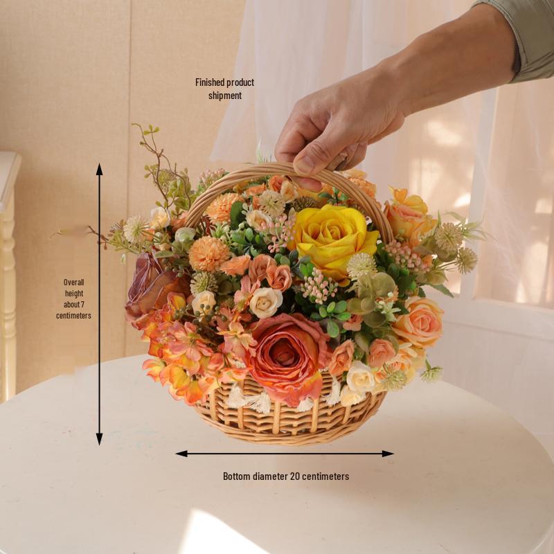 Floral Pastoral Wood Art: Straw, Willow, Rattan Weaving with Artificial Flowers and Basket Ornaments for Home and Living Room Décor