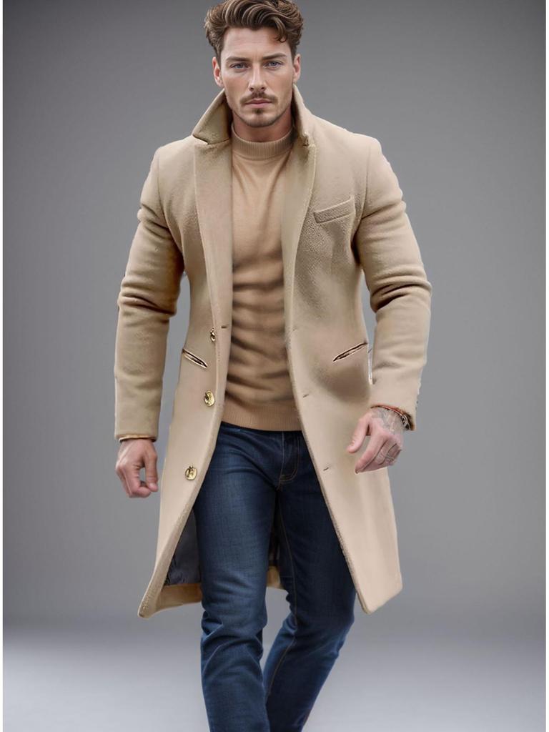 Mittellanger Wollmantel für Herren 2024: Europäischer & Amerikanischer Stil, Schmal geschnittener Anzugkragen, Winter-Windbreaker