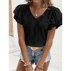 Summer Double-layer Ruffled Women Lace Blouse Casual Solid Color V-neck Shirts Sort Sleeve Loose Hollow Out Top Casual Sweet Fashion Elegant Clothing