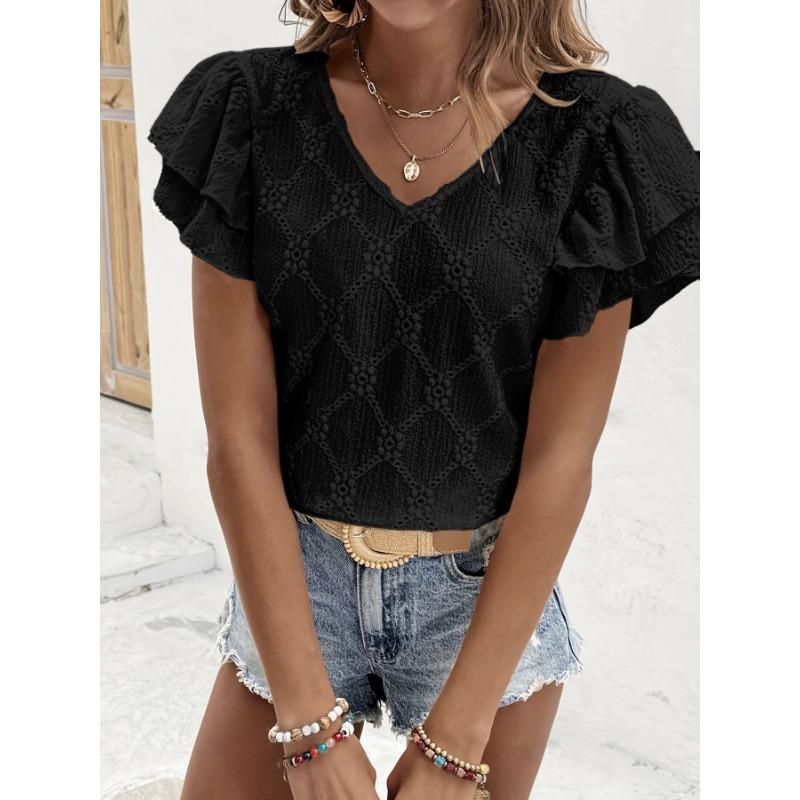 Summer Double-layer Ruffled Women Lace Blouse Casual Solid Color V-neck Shirts Sort Sleeve Loose Hollow Out Top Casual Sweet Fashion Elegant Clothing