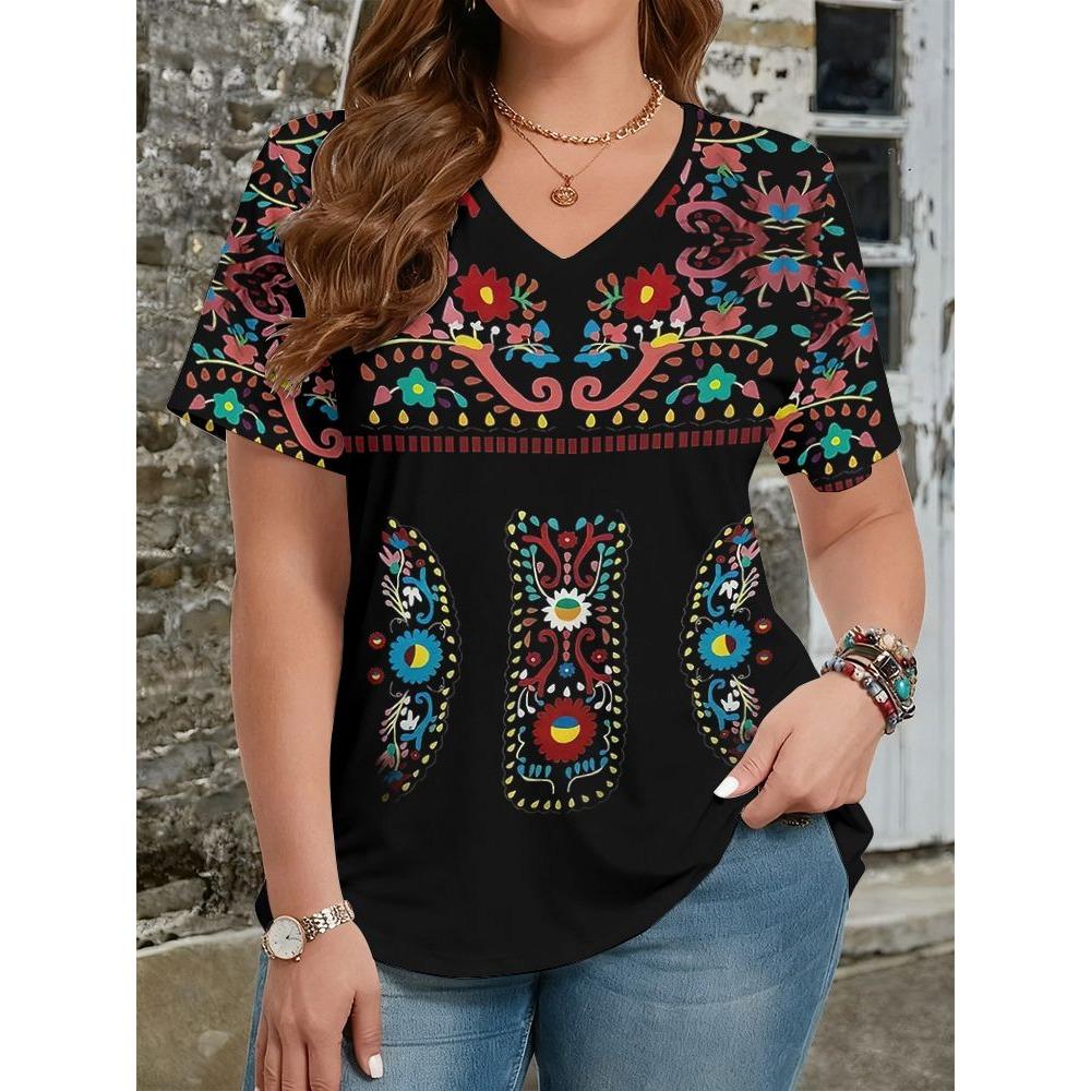 Summer Ethnic Style Floral 3D Print T-Shirts Women's V-Neck Short Sleeve T Shirt Y2k Harajuku Tees Casual Tops Female Clothing