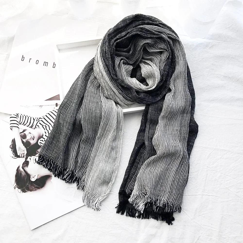 New 190*80cm Artistic Style Striped Cotton Linen Scarf Shawl Men's and Women's Same Style Mori Foulard En Mousseline Scarves