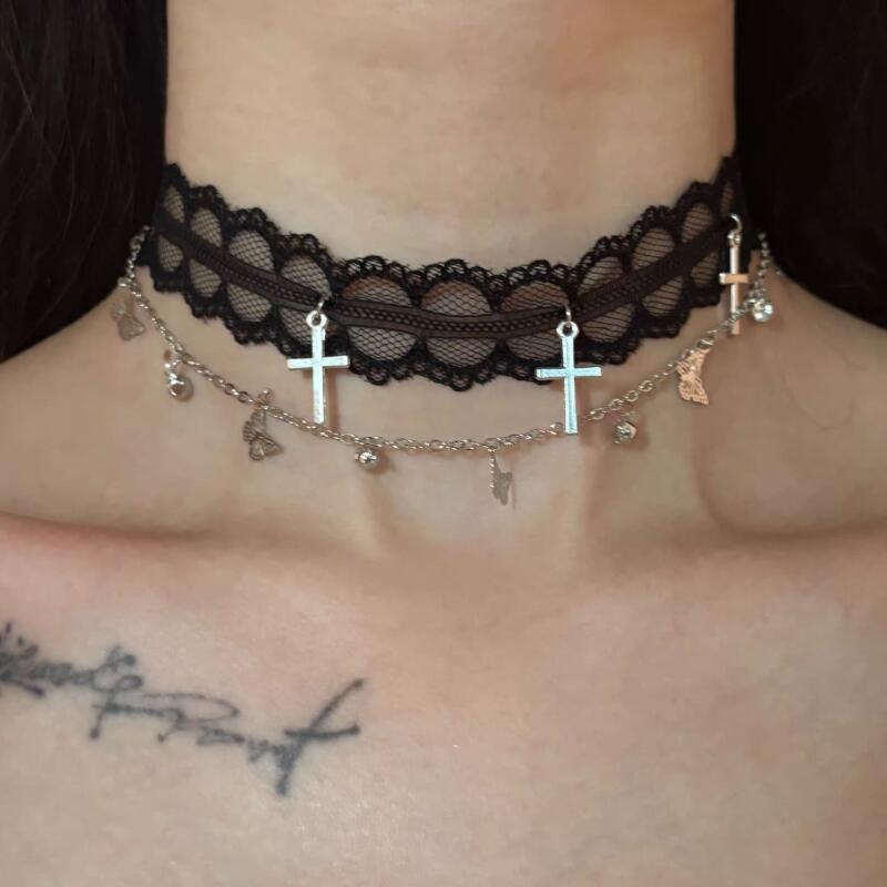 Black White Lace Cross Butterfly Pendant Necklaces for Women Girls Sexy Sweet Cool Collarbone Necklace Strap Jewelry Accessories