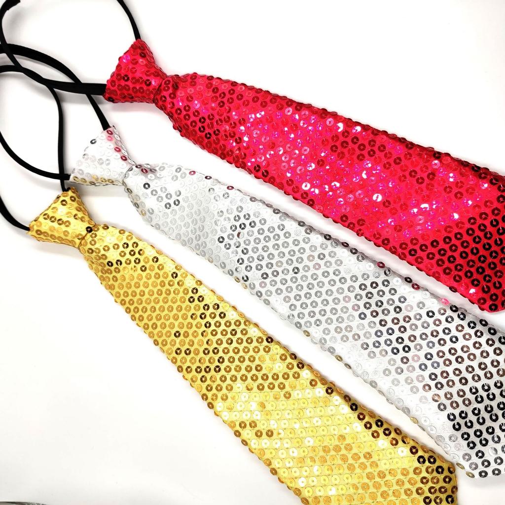 Men Women Shining Sequins Tie Stage Glitter Adjustable Zipper Closure Necktie Fashion Party Pre-Tied Neck Wear