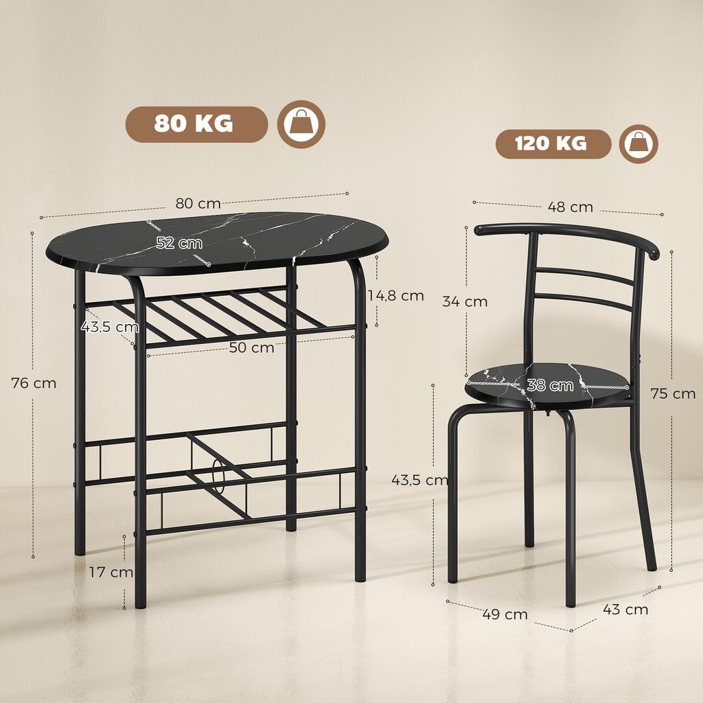3-teiliges Esszimmer-Set, Küchentisch und Stühle für 2 Personen mit Regal, Wohnzimmer, Schwarze Marmoroptik