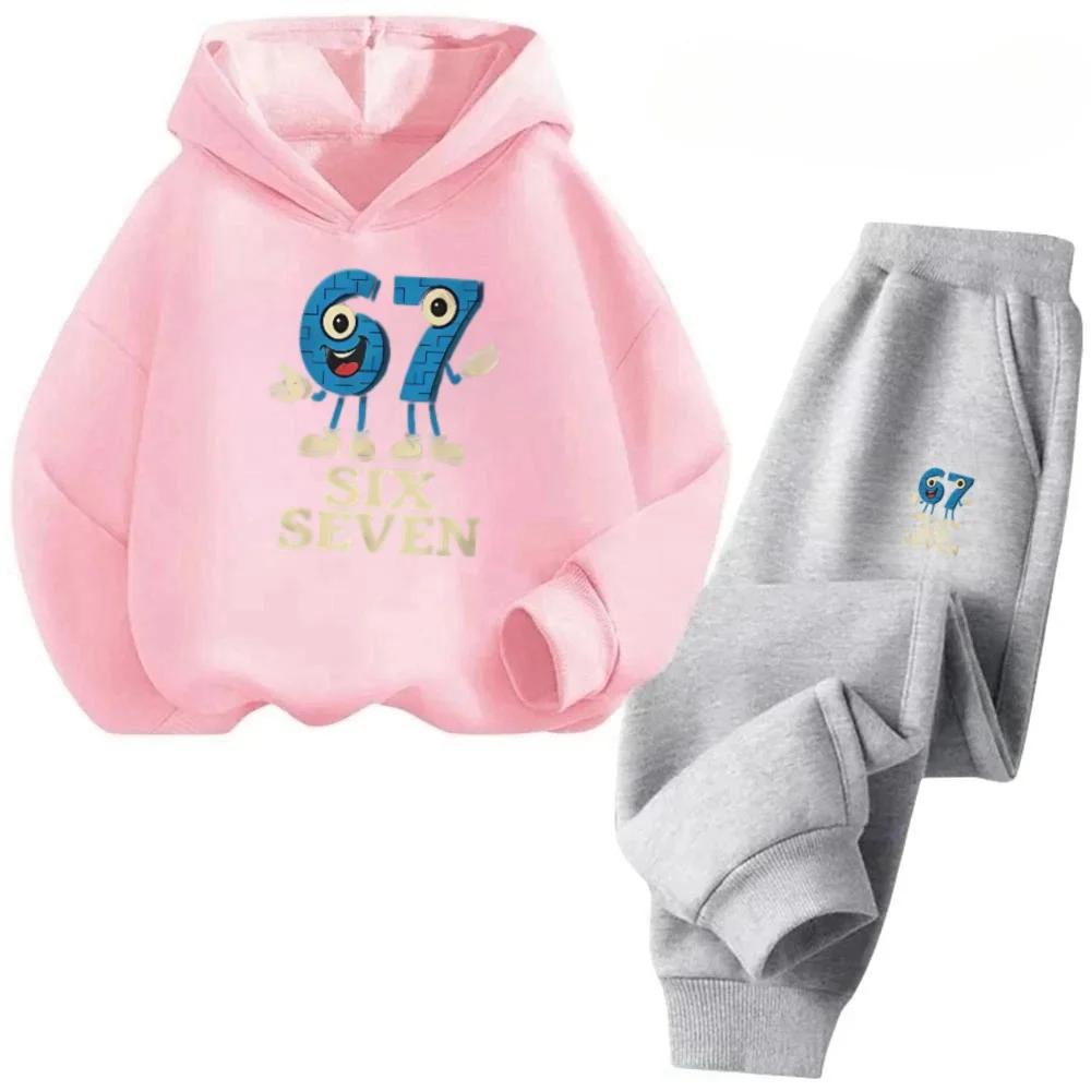 67 Fun Kids Set Cartoon Print Tracksuit Casual Fashion Outfit Children's Hoodies Set Fashion Trend Set Pants Suits
