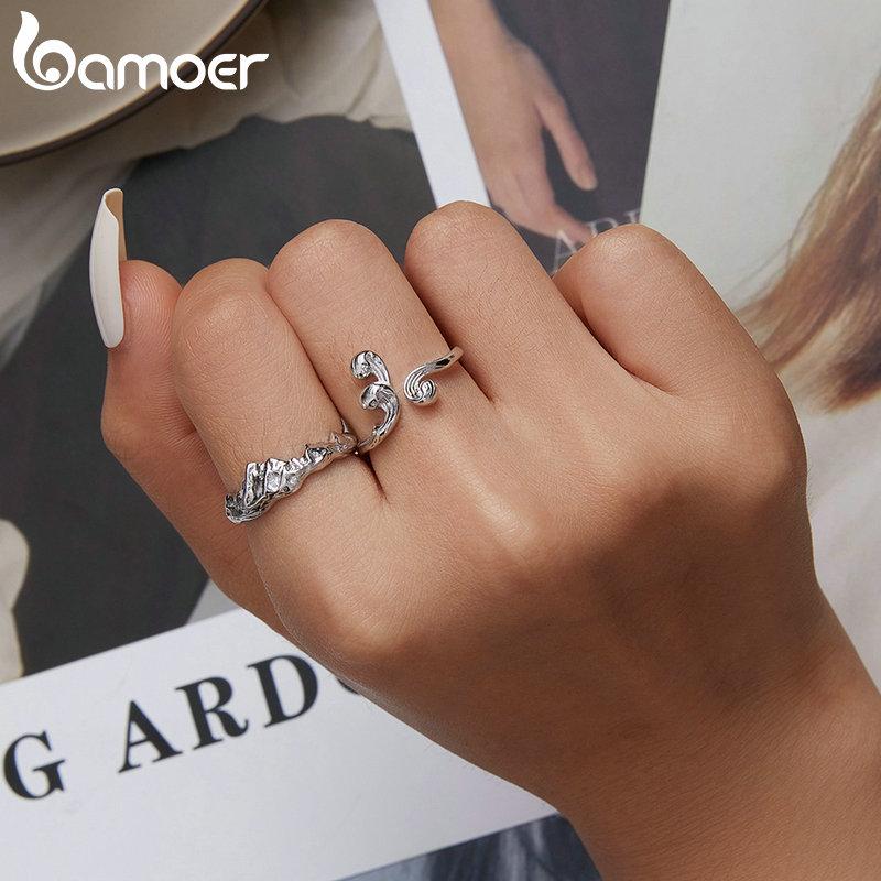 BAMOER 925 Sterling Silver Vows of Eternal Love Couple Waves Rings for Women Fine Jewelry Wedding Gift