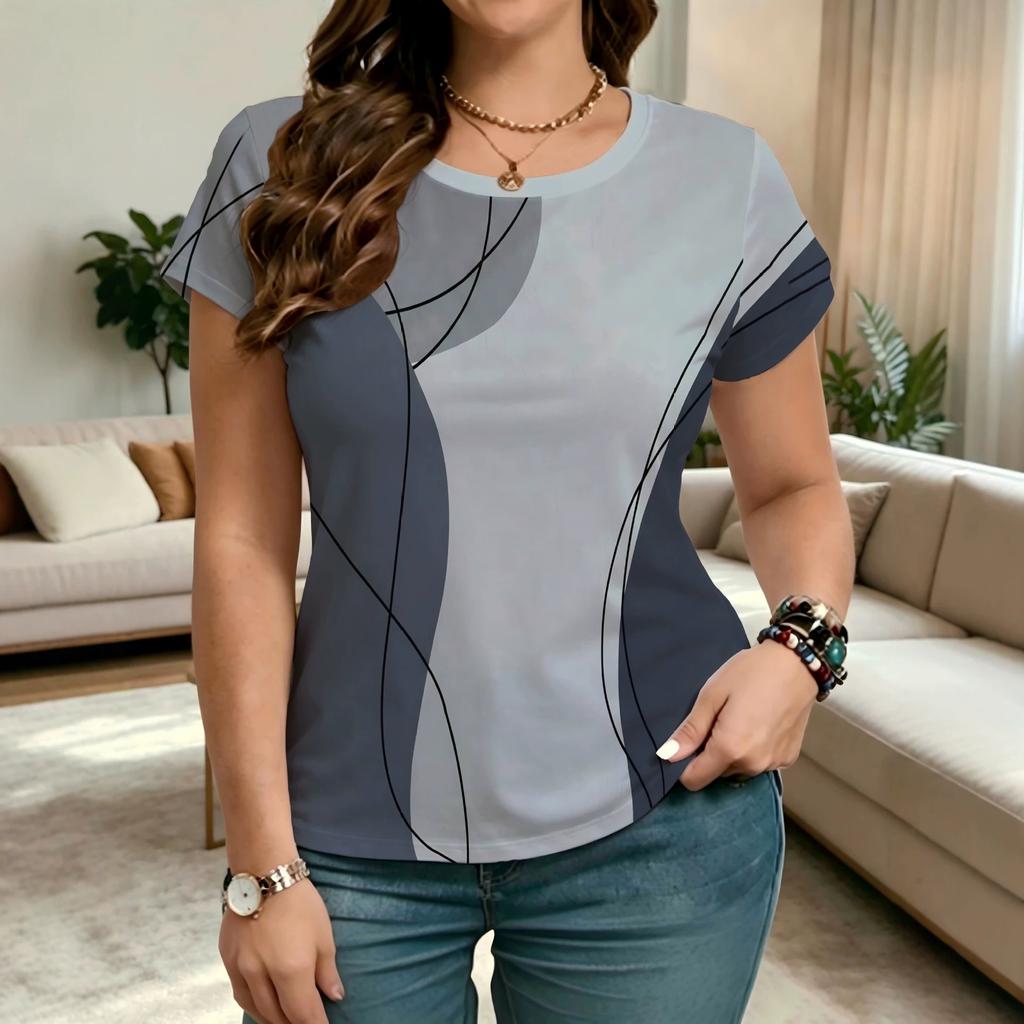Summer Women's Striped 3D Printed Crew Neck T-Shirt