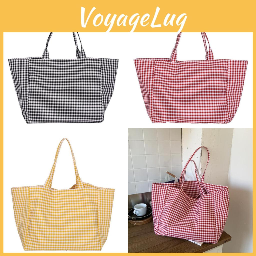 Pattern Simple Checkered Large Capacity Women Casual Canvas Tote Bag For Daily