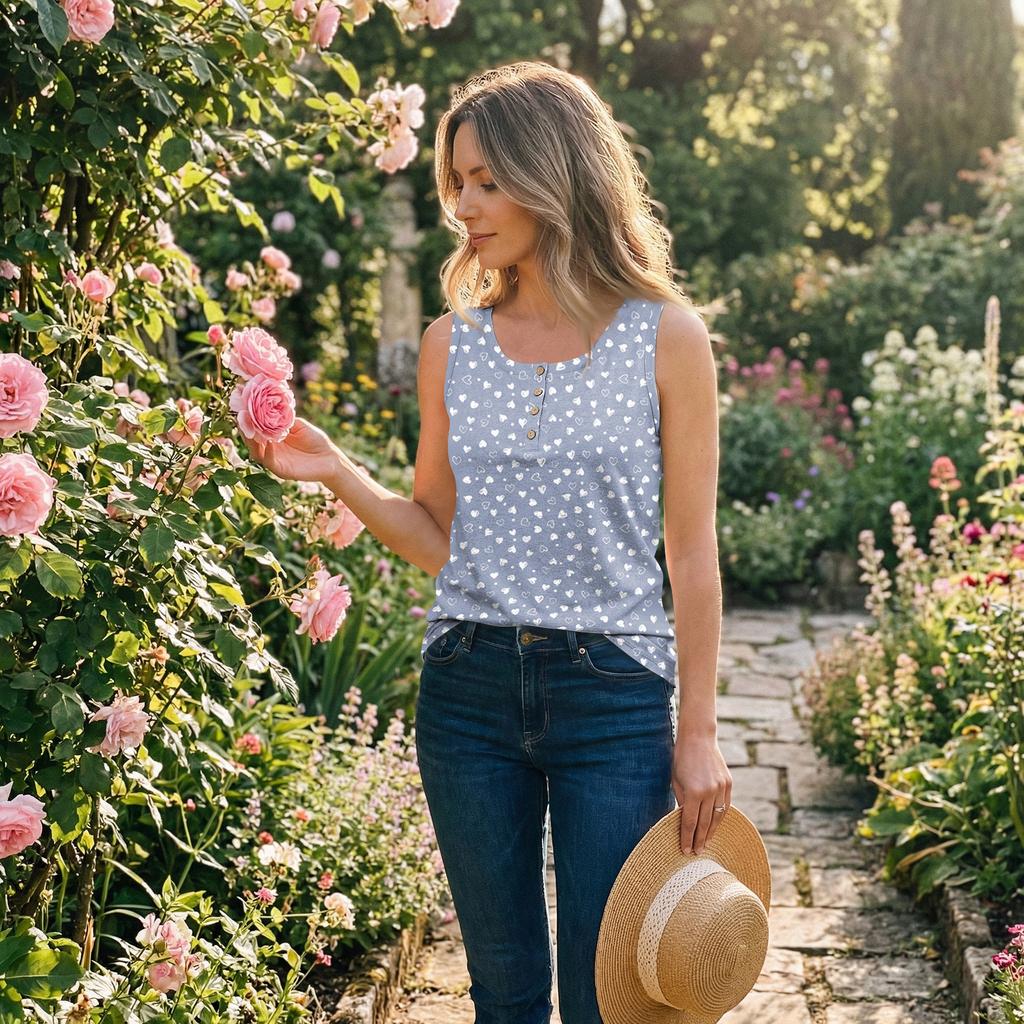 Damen ärmelloses Tanktop mit Blumenprint, lässig, Rundhalsausschnitt, Knopfleiste, lockere Passform, Pullover, leichtes Blusenhemd