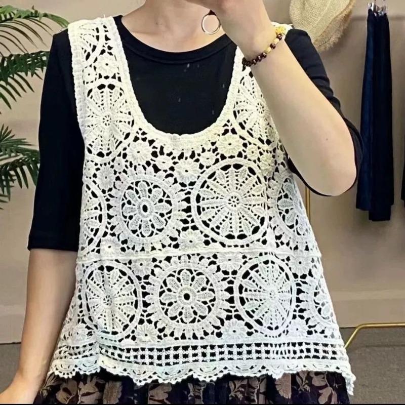 

Свободный полый пуловер жилет жилет летний литературный ретро женская одежда хлопок и лен трикотажный жилет без рукавов топ тонкий One size белый