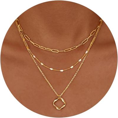 Coliere Aurii Stratificate pentru Femei Stivuibile Aur 14K Placat cu Cupru Lanț Cerc Zale Tip Agrafă Pandantiv Colier Choker Set Pentru Femei