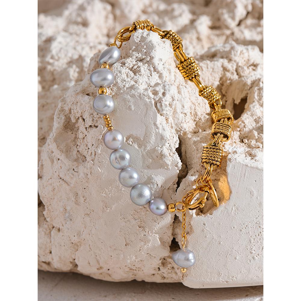 Yhpup Luxury Natural Freshwater Pearl Grey Beads Metal Wrist Bracelet Bangle High Quality Golden Jewelry Mother's Fashion Gift
