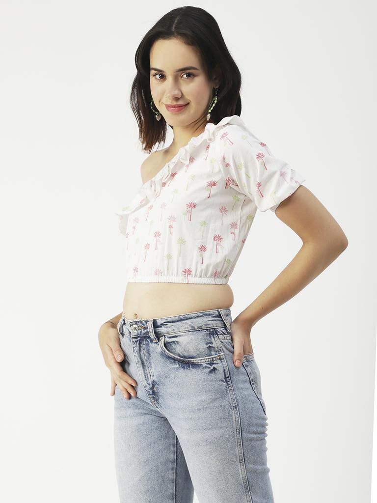 Moomaya Women  S Printed Crop Top, One Shoulder Cotton Casual Summer Top