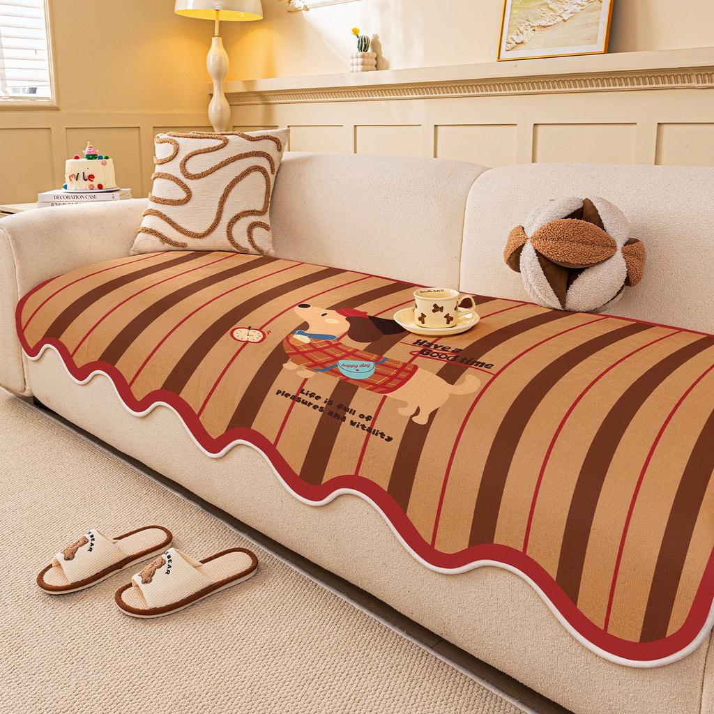 Retro Minimalist Style Sofa Cover Winter New Shaped Thickened Plush Sofa Cover Fixed Anti Slip Straight Row Sofa Sitting Cushion
