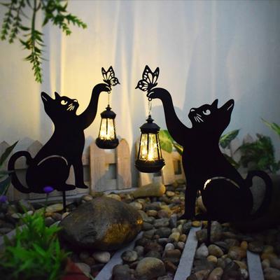Solar-Katzenlaterne, süße Katzensilhouette mit LED-warmem Licht, wasserdicht, rostfrei, für den Außenbereich