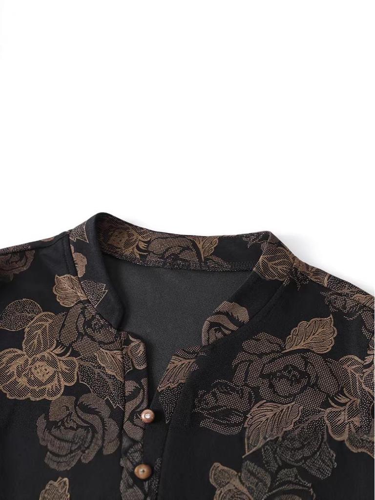 Spring New Plus Size Jacquard V-Neck Dress for Middle-Aged Women - Slimming, Long Sleeve, Stylish