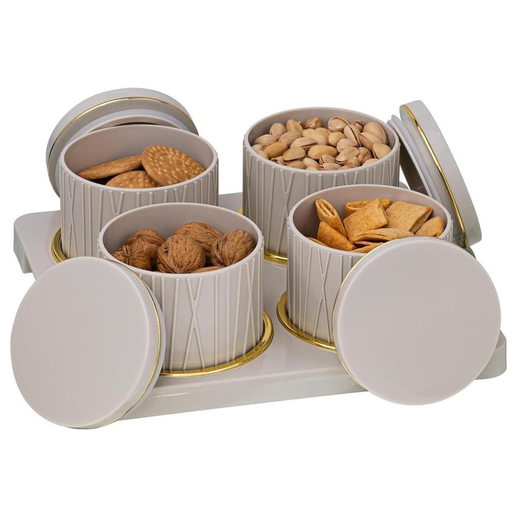 Container Tray Set -4 Pcs (450ml) Multi-Color (Emerald Green, Classic White, Bluish Grey) Polypropylene with Subtle Gold Rim (Repose Grey)