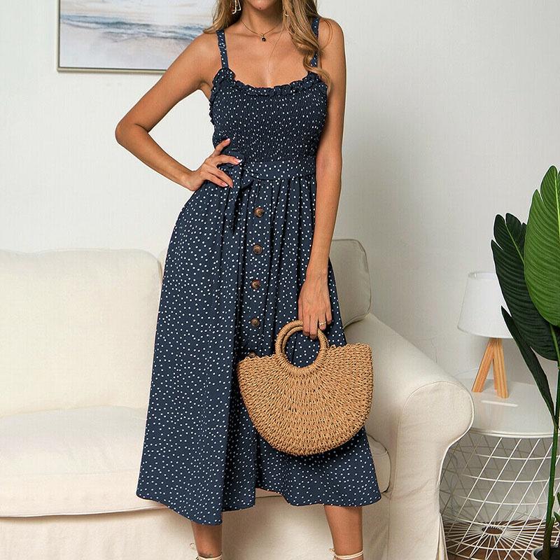 Polka Dot Print Princess Dress With Ruffle Trim Spaghetti Straps