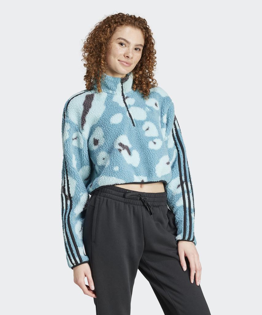 adidas Animal Print Fleece Crop Half-Zip Top - Sky Blue / Iy0148