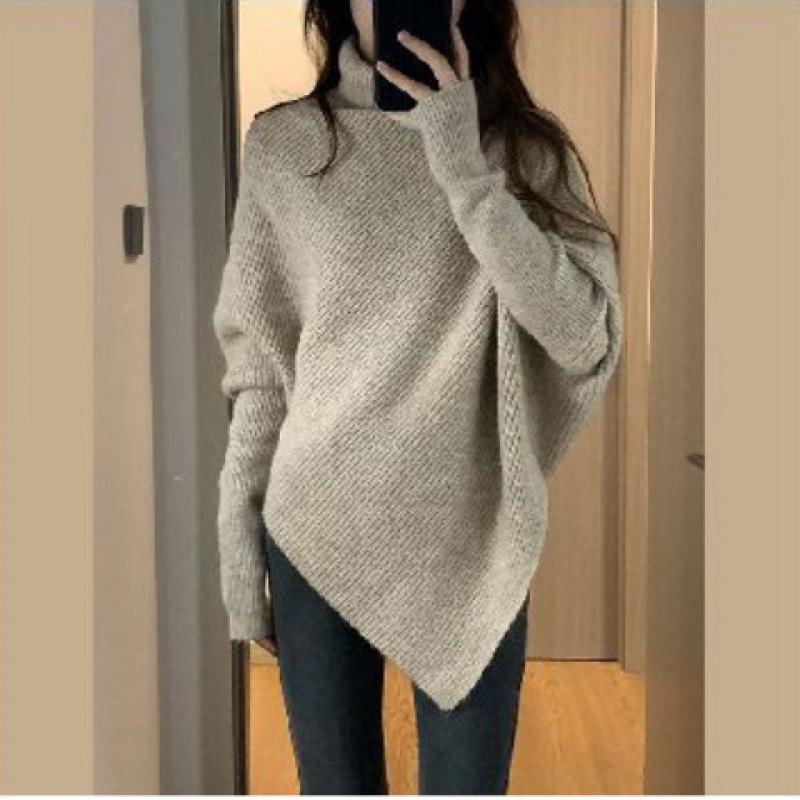 

Женский свитер-пуловер с высоким воротом и асимметричным кроем 2024 года — корейский нежный стиль Khaki [Premium Quality]