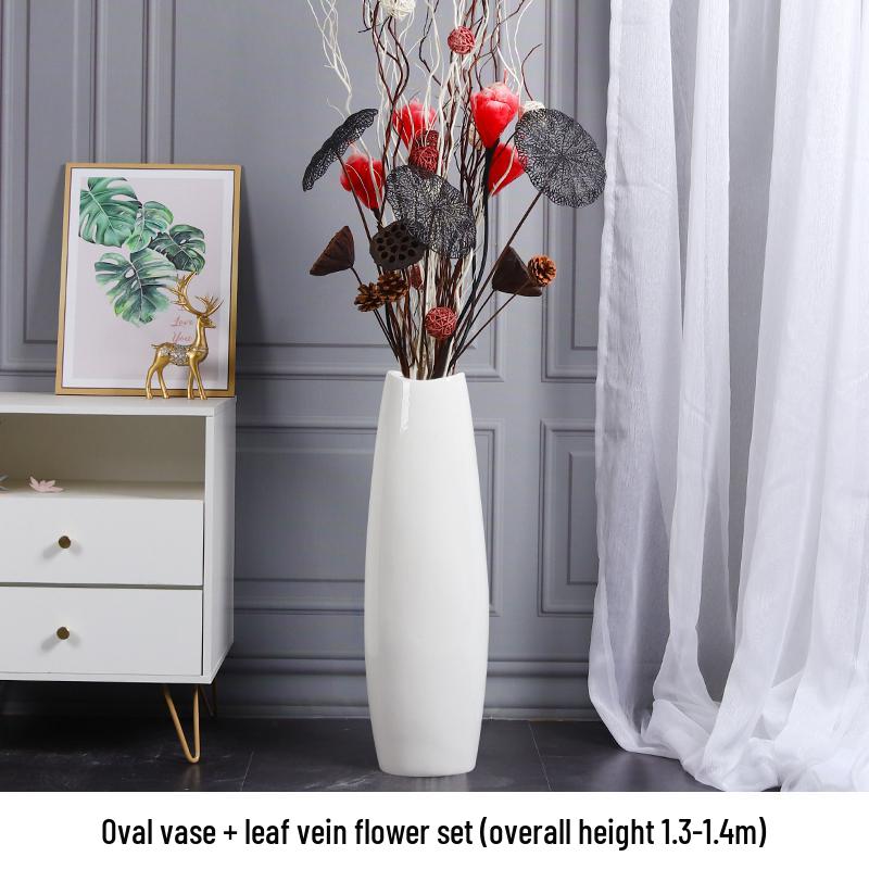 Nordic Minimalist Ceramic White Floor Vase for Dried Flowers and Lucky Bamboo, Living Room Decor