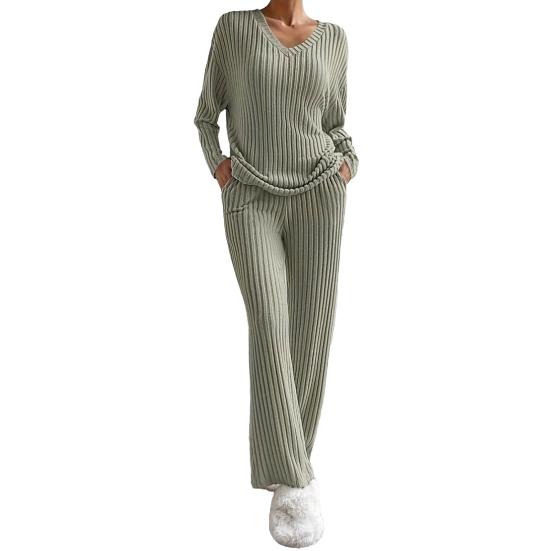 Damen Loungewear Set Geripptes Langarm-Oberteil und Weite Hose Passendes Pyjama-Set Lässige 2-teilige Outfits