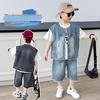 Boys' Summer Denim Vest & Printed Tee Shorts Set - Cool American Style 2026