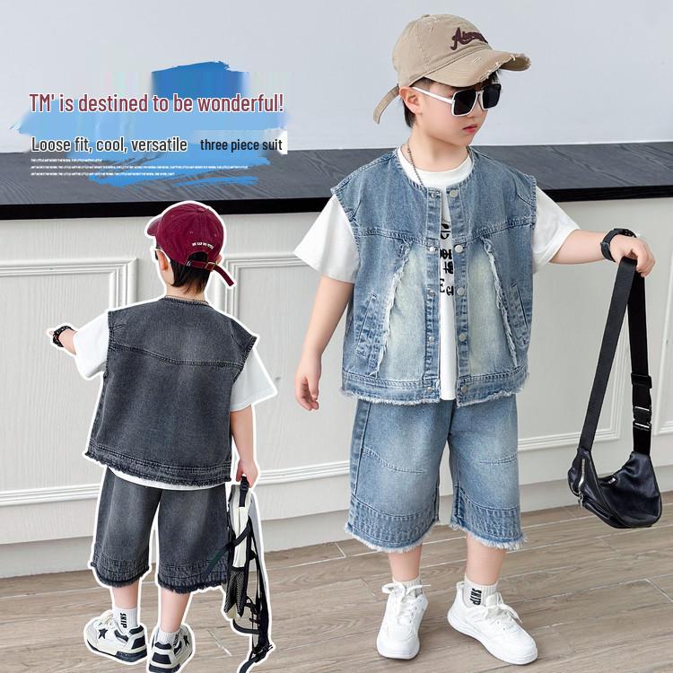 Boys' Summer Denim Vest & Printed Tee Shorts Set - Cool American Style 2026