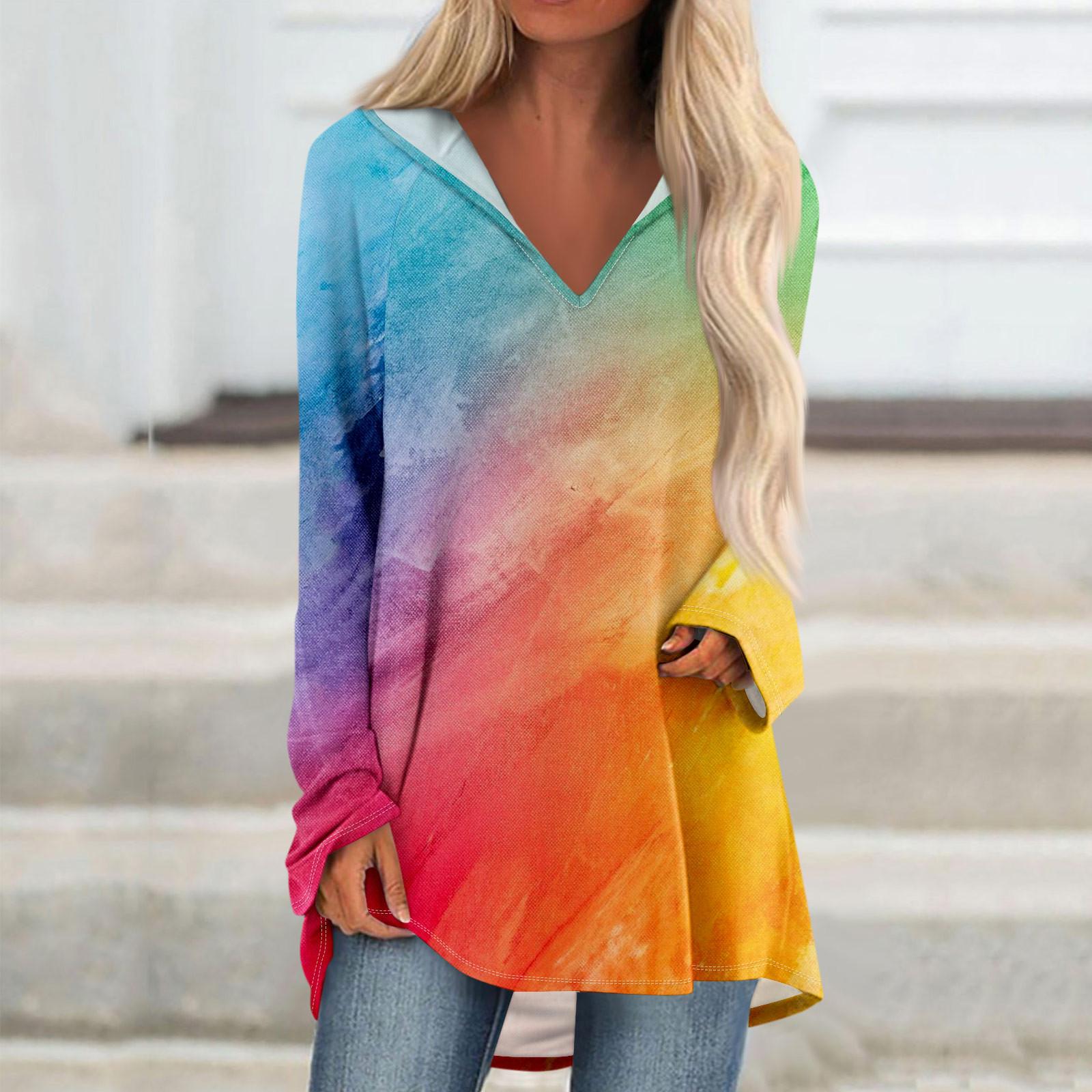 Женские свободные топы с V-образным вырезом и капюшоном с длинными рукавами — фото 7