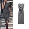 Fall and Winter New Waist Slim Looking Pleated Round Neck Sleeveless Slit Hemline At Hem Midi Skirt Dress 6962231