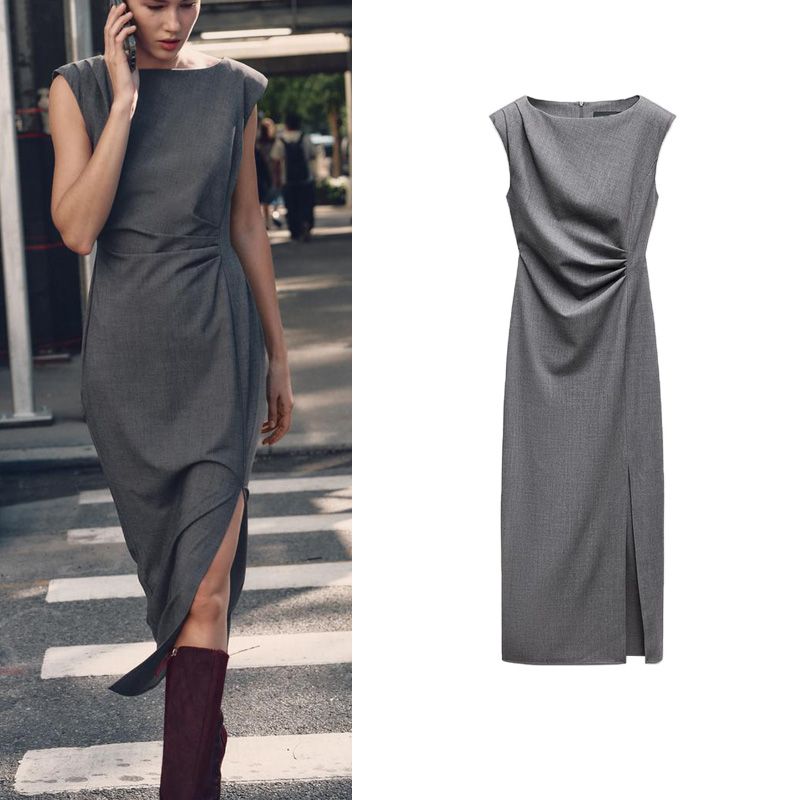 Fall and Winter New Waist Slim Looking Pleated round Neck Sleeveless Slit Hemline at Hem Midi Skirt Dress 6962231