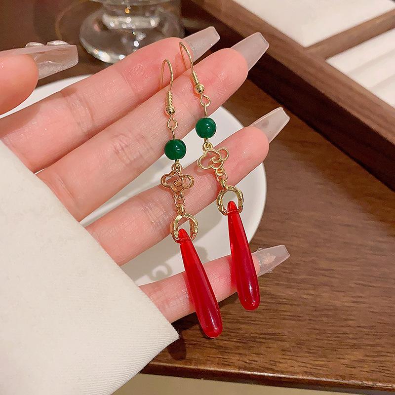 New Chinese red water drop pendant earrings women's national style long fringed stud earrings festive ears