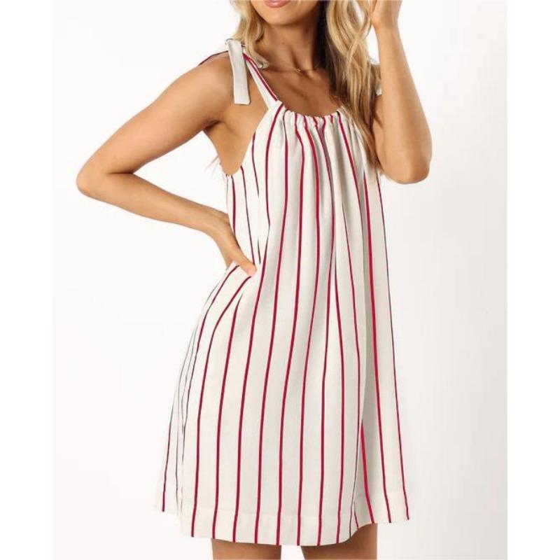 

YYFS Женская мода лето весна полосатый принт без рукавов подтяжки свободная талия повседневные платья XXL красный